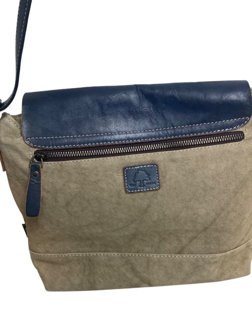 TSD Brand Canvas Leather Crossbody Bag 2 Tone Blue Beige Classic Lightweight - Picture 6 of 16